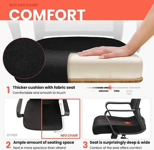Alt view image 4 of 7 - NEO CHAIR Office Chair Ergonomic Desk Chair Mid Back Mesh with Lumbar Support Comfortable Cushion Swivel Adjustable Height Armrest Gaming/Computer Chairs for Home Office Desk (Black)