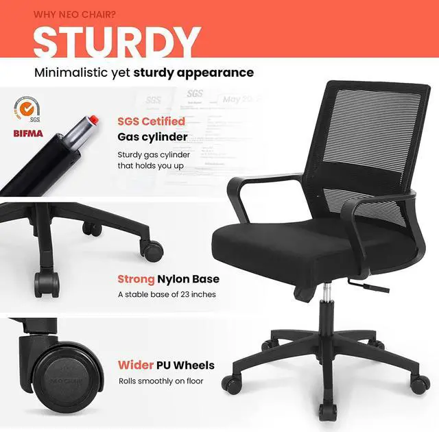 Alt view image 6 of 7 - NEO CHAIR Office Chair Ergonomic Desk Chair Mid Back Mesh with Lumbar Support Comfortable Cushion Swivel Adjustable Height Armrest Gaming/Computer Chairs for Home Office Desk (Black)