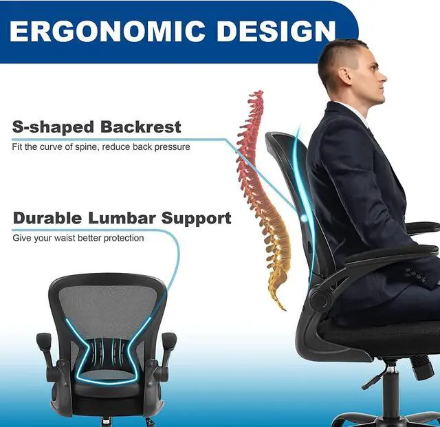 Alt view image 4 of 7 - Mesh Office Chair, Ergonomic Computer Chair with Flip-up Arms and Lumbar Support, Height Adjustable Home Office Desk Chairs, Black