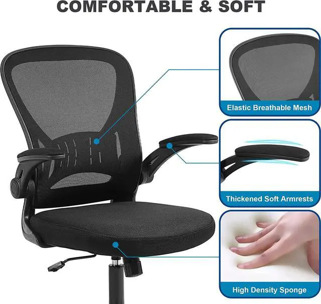 Alt view image 5 of 7 - Mesh Office Chair, Ergonomic Computer Chair with Flip-up Arms and Lumbar Support, Height Adjustable Home Office Desk Chairs, Black