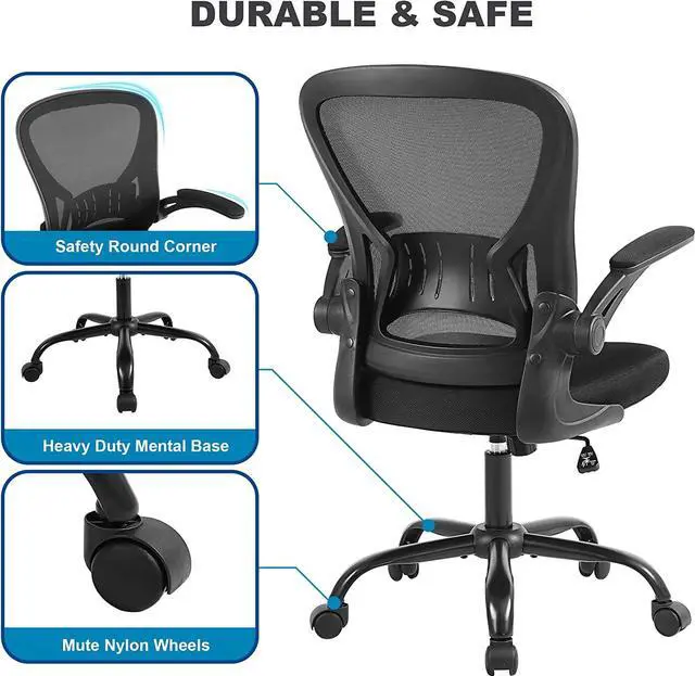 Alt view image 6 of 7 - Mesh Office Chair, Ergonomic Computer Chair with Flip-up Arms and Lumbar Support, Height Adjustable Home Office Desk Chairs, Black