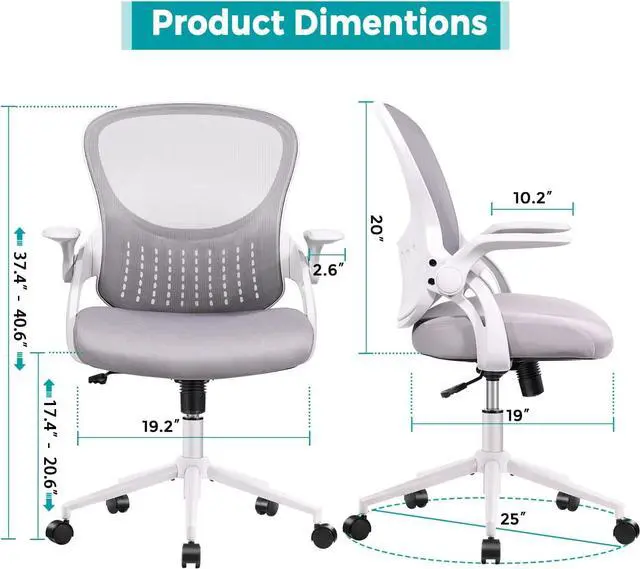 Alt view image 6 of 7 - edx Mid Back Mesh Computer, Ergonomic Desk, Height Adjustable Rolling Swivel Task Flip-up Armrests and Lumbar Support, Gray Home Office Chair, 19D x 19W x 37H in, Grey