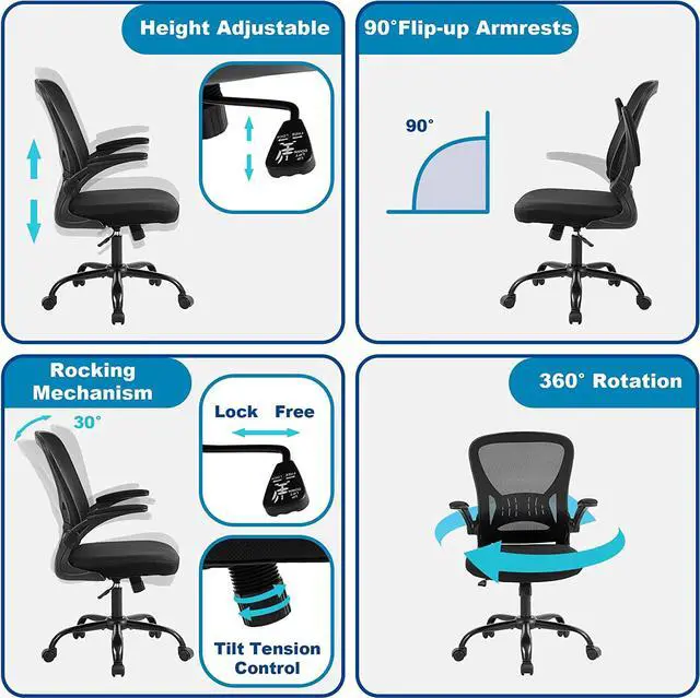 Alt view image 7 of 7 - Mesh Office Chair, Ergonomic Computer Chair with Flip-up Arms and Lumbar Support, Height Adjustable Home Office Desk Chairs, Black