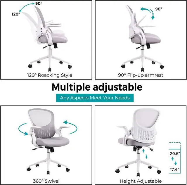 Alt view image 5 of 7 - edx Mid Back Mesh Computer, Ergonomic Desk, Height Adjustable Rolling Swivel Task Flip-up Armrests and Lumbar Support, Gray Home Office Chair, 19D x 19W x 37H in, Grey