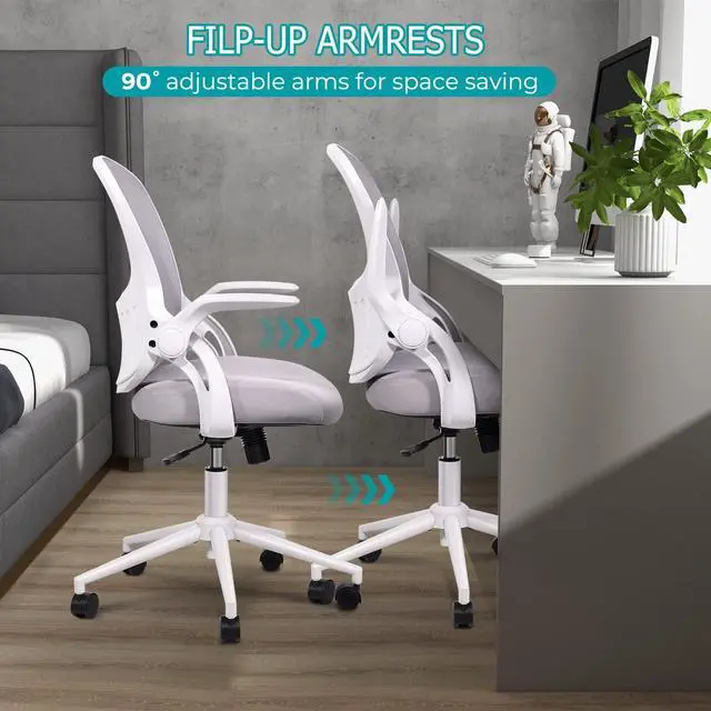 Alt view image 4 of 7 - edx Mid Back Mesh Computer, Ergonomic Desk, Height Adjustable Rolling Swivel Task Flip-up Armrests and Lumbar Support, Gray Home Office Chair, 19D x 19W x 37H in, Grey