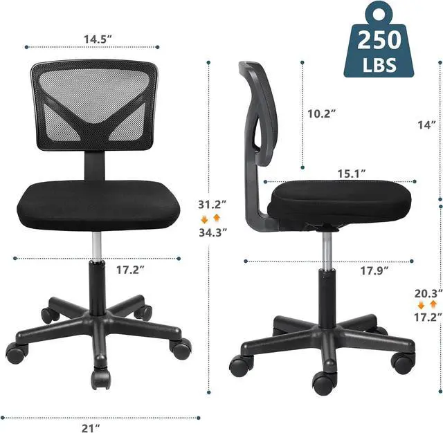 Alt view image 5 of 7 - Yangming Desk Chair, Armless Office Mesh Computer Desk Chair Swivel Small Desk Chair Adjustable Black Task Chair No Armrest Mid Back Home Office Chair Perfect for Small Spaces