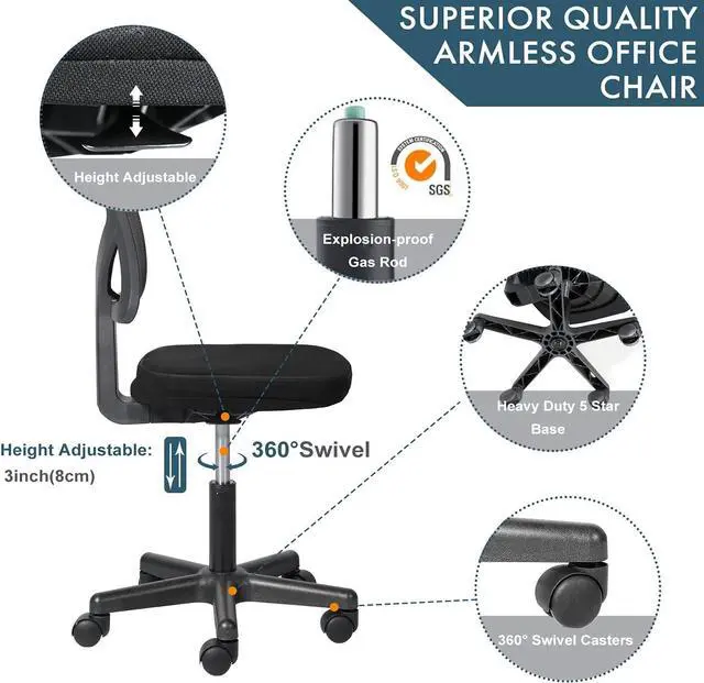 Alt view image 2 of 7 - Yangming Desk Chair, Armless Office Mesh Computer Desk Chair Swivel Small Desk Chair Adjustable Black Task Chair No Armrest Mid Back Home Office Chair Perfect for Small Spaces