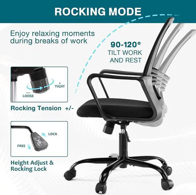 Alt view image 4 of 7 - AFO Ergonomic Home Office Desk Chair with Comfortable Lumbar Support, Mid Back, Padded Seat and Armrest, Rocking Mode 360 Degree Swivel Rolling, Breathable Mesh, Adjustable Height, Black