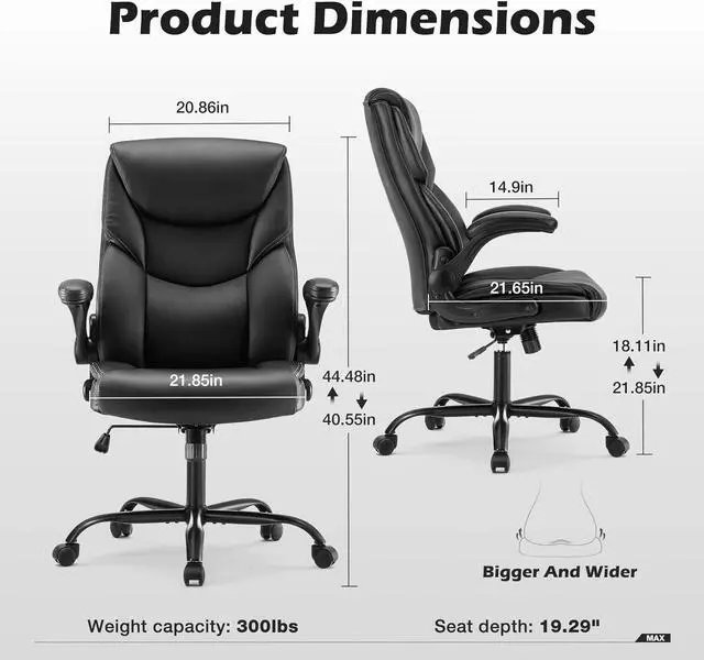 Alt view image 2 of 6 - Leather Office Chair with Flip Up Arms, Executive High Back Big and Tall Desk Chairs with Ergonomic Lumbar Support, Adjustable Height,Wheels, Soft Padded, Black
