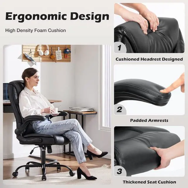 Alt view image 3 of 6 - Leather Office Chair with Flip Up Arms, Executive High Back Big and Tall Desk Chairs with Ergonomic Lumbar Support, Adjustable Height,Wheels, Soft Padded, Black