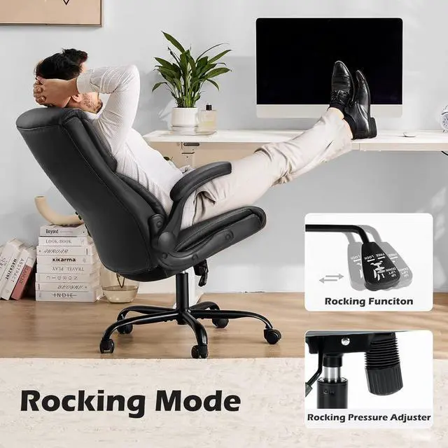 Alt view image 4 of 6 - Leather Office Chair with Flip Up Arms, Executive High Back Big and Tall Desk Chairs with Ergonomic Lumbar Support, Adjustable Height,Wheels, Soft Padded, Black
