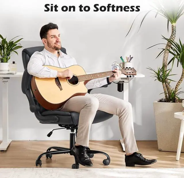 Alt view image 6 of 6 - Leather Office Chair with Flip Up Arms, Executive High Back Big and Tall Desk Chairs with Ergonomic Lumbar Support, Adjustable Height,Wheels, Soft Padded, Black