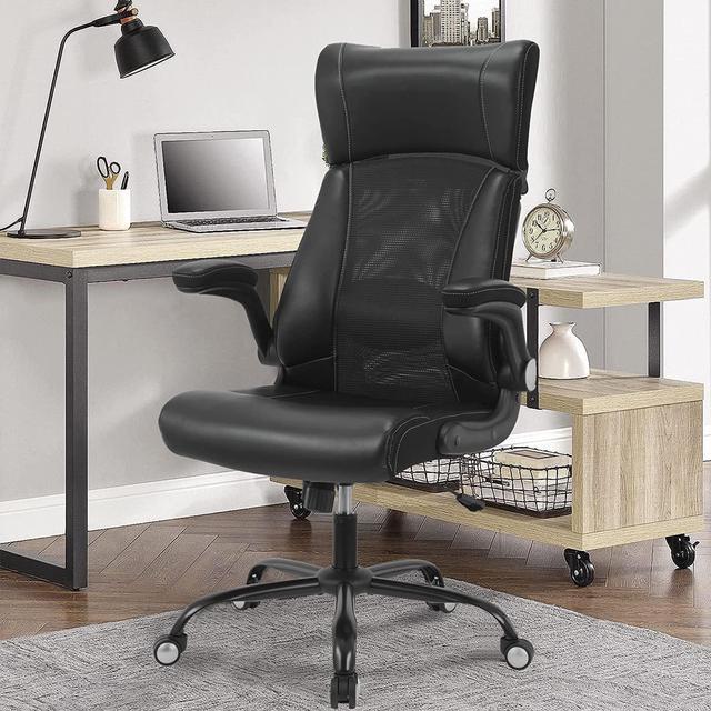 Office Chair, Ergonomic Computer Chair with Adjustable Lumbar Support,  Executive High Back Chair, Leather Desk Chair Flip-up Arms, Swivel Rolling  Work