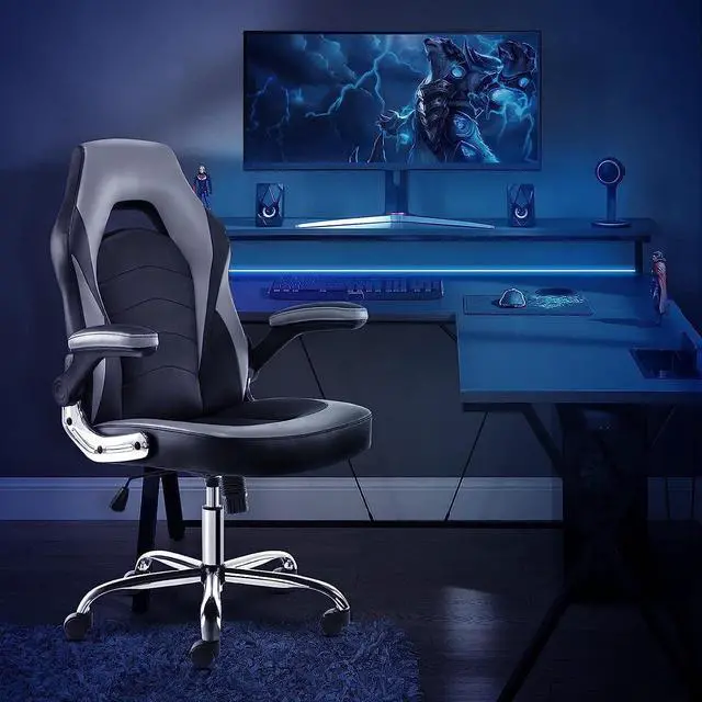 Alt view image 2 of 7 - JHK Gaming Chair - Office Chair Desk Chairs with Wheels Computer Chair with Flip-up Armrest and Height Adjustable Swivel Chair Splicing PU Leather Chair Home Office Chair with Lumbar Support