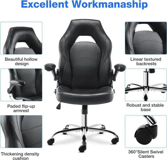 Alt view image 4 of 7 - JHK Gaming Chair - Office Chair Desk Chairs with Wheels Computer Chair with Flip-up Armrest and Height Adjustable Swivel Chair Splicing PU Leather Chair Home Office Chair with Lumbar Support
