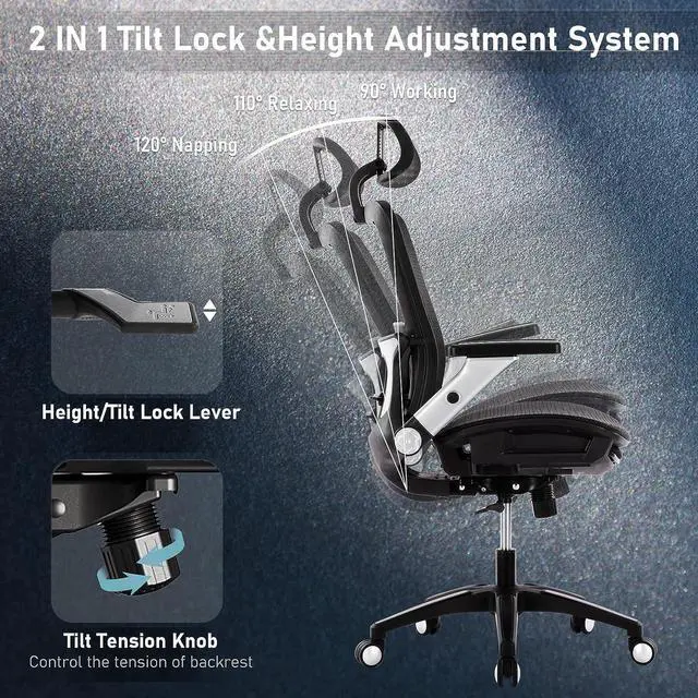 Alt view image 7 of 7 - COLAMY Ergonomic Mesh Office Chair with Footrest, High Back Computer Executive Desk Chair with Headrest and 4D Flip-up Armrests, Adjustable Tilt Lock and Lumbar Support-Black