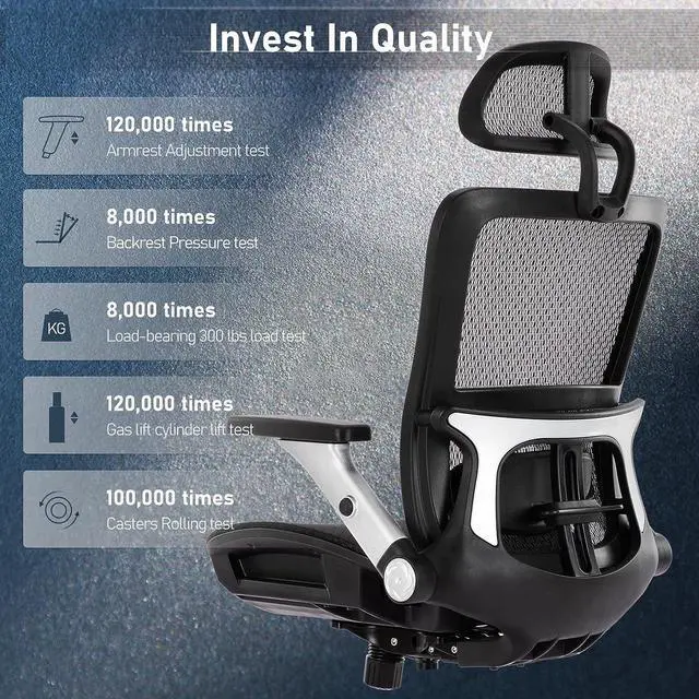 Alt view image 5 of 7 - Ergonomic Mesh Office Chair with Footrest, High Back Computer Executive Desk Chair with Headrest and 4D Flip-up Armrests, Adjustable Tilt Lock and Lumbar Support-Black