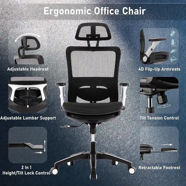 Alt view image 7 of 7 - Ergonomic Mesh Office Chair with Footrest, High Back Computer Executive Desk Chair with Headrest and 4D Flip-up Armrests, Adjustable Tilt Lock and Lumbar Support-Black