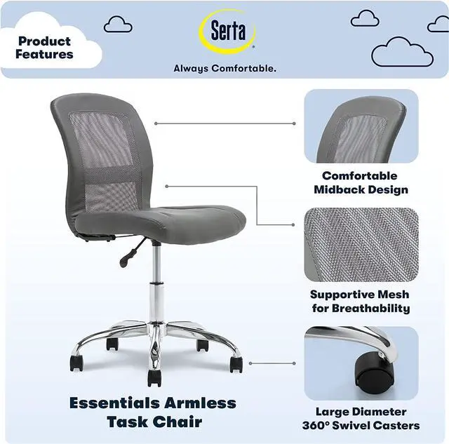 Alt view image 4 of 7 - Serta Essential Armless Desk Chair Small TaskChair with Wheels, Breathable Mesh Back, SertaQuality Foam Cushion Seat for Comfort, Functional, Lightweight and Versatile, Task, Gray