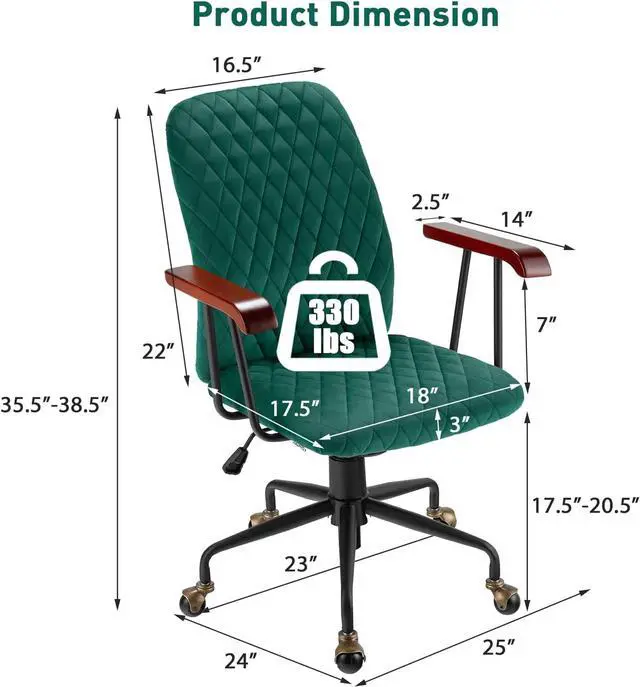 Alt view image 3 of 7 - Giantex Home Office Desk Chair Green, Vintage Adjustable Swivel Rolling Chair with Copper Wheels & Armrest, Mid Century Leisure Chair, Velvet Upholstered Computer Chair for Work, Study