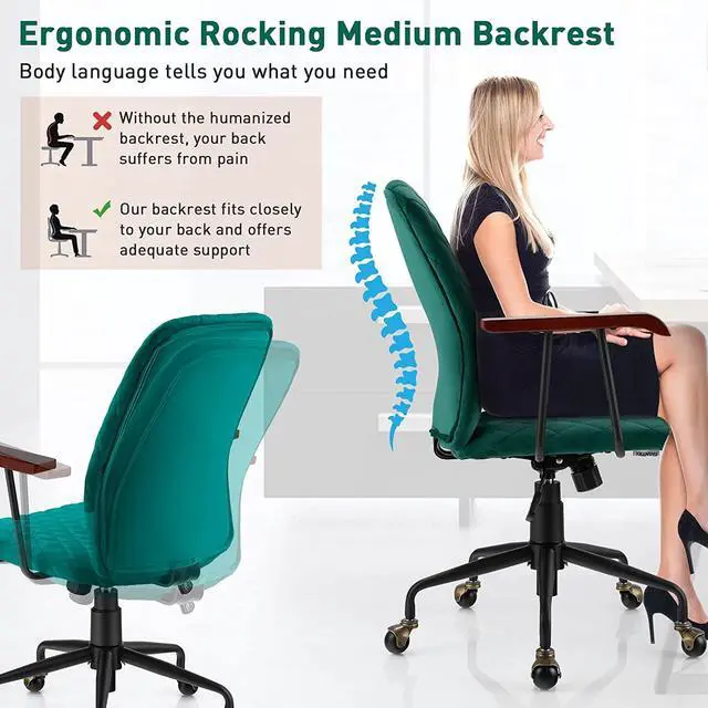 Alt view image 5 of 7 - Giantex Home Office Desk Chair Green, Vintage Adjustable Swivel Rolling Chair with Copper Wheels & Armrest, Mid Century Leisure Chair, Velvet Upholstered Computer Chair for Work, Study