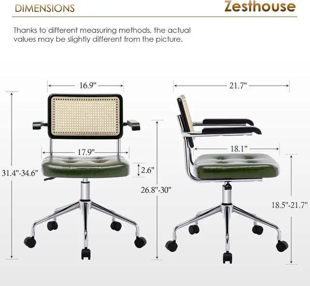 Alt view image 2 of 7 - Zesthouse Leather Office Desk Chair with Wheels, Mid Century Rolling Desk Chair with Wood Arm & Natural Rattan Back, Modern Swivel Home Office Chair, Small Height Adjustable Computer Task Chair, Green