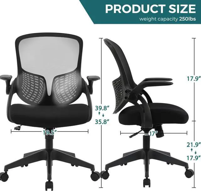 Alt view image 6 of 7 - Ergonomic Desk Chair Mesh Home Office Chair with Flip Up Armrests Mid Back Computer Chair Lumbar Support Adjustable Swivel Task Chair, Black