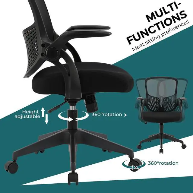 Alt view image 5 of 7 - Ergonomic Desk Chair Mesh Home Office Chair with Flip Up Armrests Mid Back Computer Chair Lumbar Support Adjustable Swivel Task Chair, Black