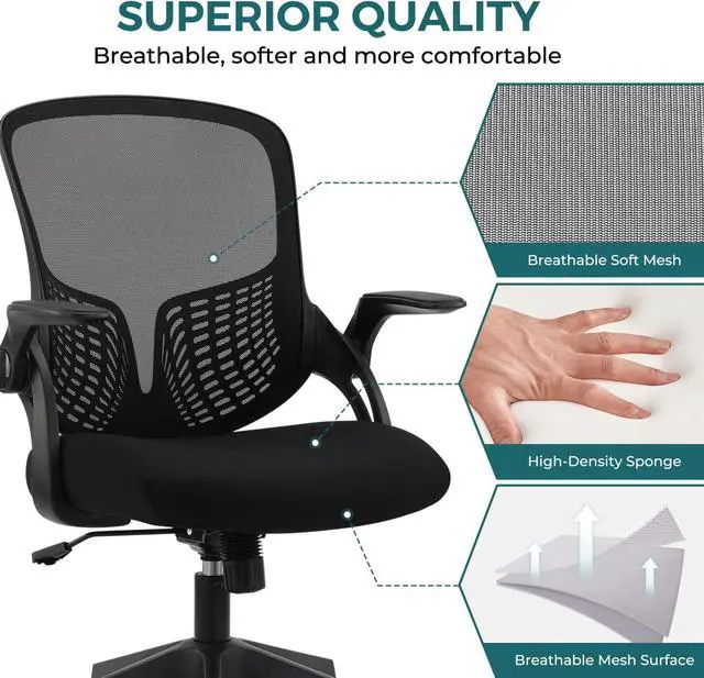Alt view image 4 of 7 - Ergonomic Desk Chair Mesh Home Office Chair with Flip Up Armrests Mid Back Computer Chair Lumbar Support Adjustable Swivel Task Chair, Black