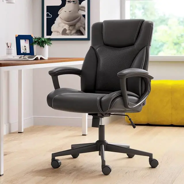 Alt view image 2 of 7 - Serta Executive High Back Office Chair with Lumbar Support Ergonomic Upholstered Swivel Gaming Friendly Design, Bonded Leather, Black