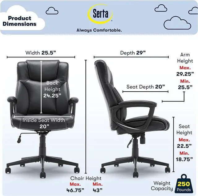 Alt view image 3 of 7 - Serta Executive High Back Office Chair with Lumbar Support Ergonomic Upholstered Swivel Gaming Friendly Design, Bonded Leather, Black