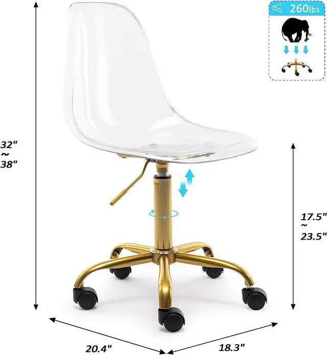 Alt view image 2 of 7 - HOMEFUN Clear Desk Chair, Acrylic Rolling Armless Vanity Swivel Height Adjustable Ghost Molded Plastic Home Office Chairs with Golden Feet