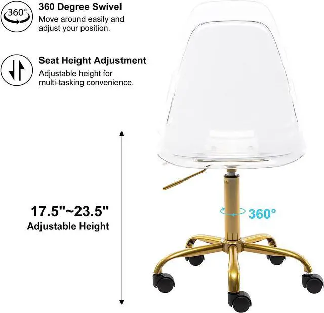 Alt view image 3 of 7 - HOMEFUN Clear Desk Chair, Acrylic Rolling Armless Vanity Swivel Height Adjustable Ghost Molded Plastic Home Office Chairs with Golden Feet