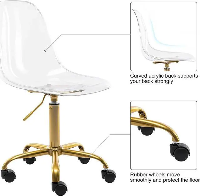 Alt view image 4 of 7 - HOMEFUN Clear Desk Chair, Acrylic Rolling Armless Vanity Swivel Height Adjustable Ghost Molded Plastic Home Office Chairs with Golden Feet