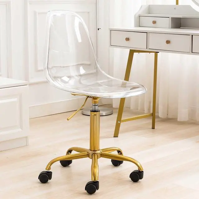 Alt view image 6 of 7 - HOMEFUN Clear Desk Chair, Acrylic Rolling Armless Vanity Swivel Height Adjustable Ghost Molded Plastic Home Office Chairs with Golden Feet