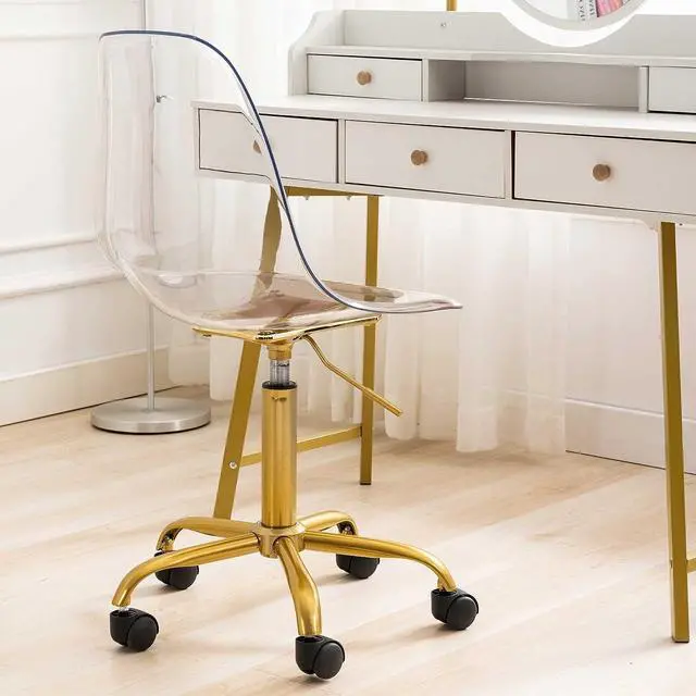 Alt view image 7 of 7 - HOMEFUN Clear Desk Chair, Acrylic Rolling Armless Vanity Swivel Height Adjustable Ghost Molded Plastic Home Office Chairs with Golden Feet