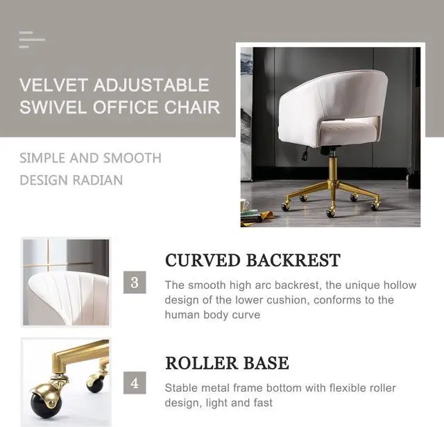 Alt view image 3 of 7 - Qtivii Velvet Home Office Chair, Modern Office Chair with Gold Base, Home Office Desk Chair for Living Room, Bedroom, Vanity, Study (Beige)
