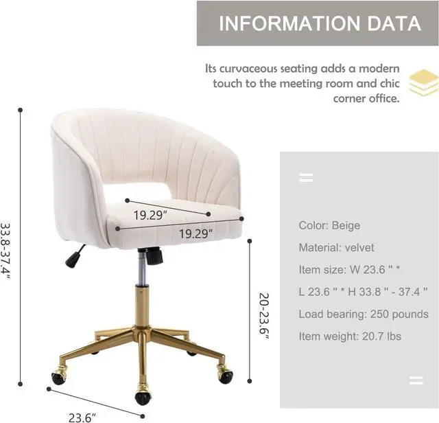 Alt view image 6 of 7 - Qtivii Velvet Home Office Chair, Modern Office Chair with Gold Base, Home Office Desk Chair for Living Room, Bedroom, Vanity, Study (Beige)