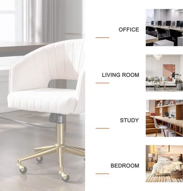 Alt view image 7 of 7 - Qtivii Velvet Home Office Chair, Modern Office Chair with Gold Base, Home Office Desk Chair for Living Room, Bedroom, Vanity, Study (Beige)