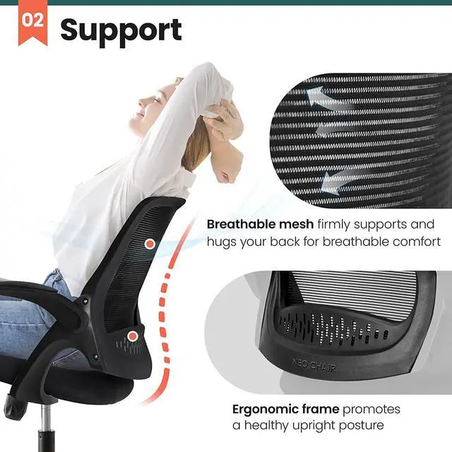 Alt view image 3 of 6 - NEO CHAIR Office Desk Computer Gaming Chair with Executive Ergonomic Lumbar Back Support Flip-up Padded Armrest Adjustable Height and Wheels for Home or Office (Black)