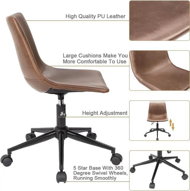 Alt view image 3 of 7 - Furmax Mid Back Task Chair PU Leather Adjustable Swivel Office Chair Bucket Seat Armless Computer Chair Modern Low Back Desk Conference Chair (Brown)