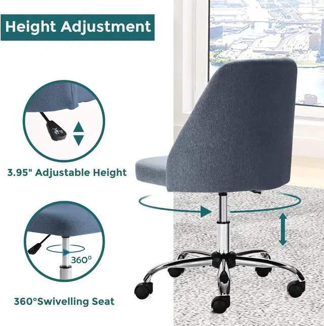 Alt view image 4 of 5 - SMUG Home Office Desk Chair, Office Chairs Desk Chair Rolling Task Chair Computer Chair Adjustable with Wheels Armless for Bedroom, Vanity Chair for Makeup Room, Living Room, Peacock Blue