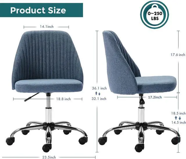 Alt view image 2 of 5 - SMUG Home Office Desk Chair, Office Chairs Desk Chair Rolling Task Chair Computer Chair Adjustable with Wheels Armless for Bedroom, Vanity Chair for Makeup Room, Living Room, Peacock Blue