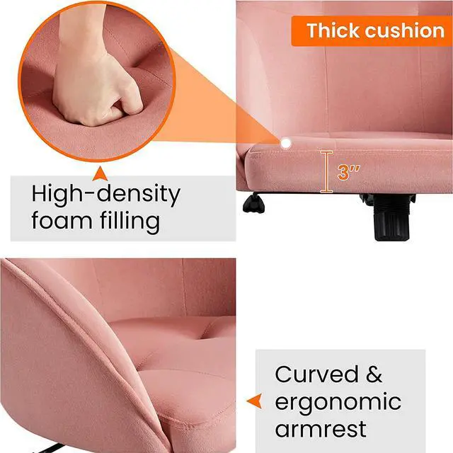 Alt view image 7 of 7 - Yaheetech Pink Office Chair Small Cute Vanity Chair with Back Wheels Velvet Swivel Rolling Desk Computer Armchair for Bedroom Living Room