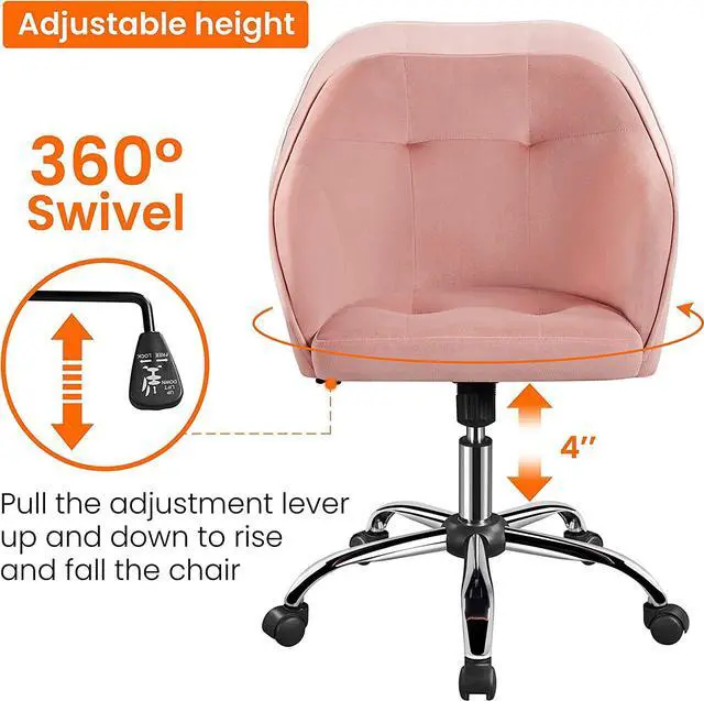 Alt view image 6 of 7 - Yaheetech Pink Office Chair Small Cute Vanity Chair with Back Wheels Velvet Swivel Rolling Desk Computer Armchair for Bedroom Living Room