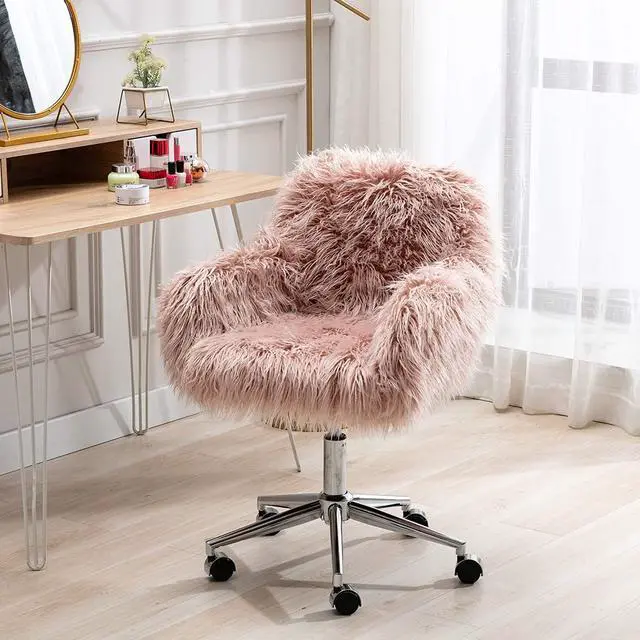 Alt view image 2 of 7 - KCC Fluffy Office Desk Chair, Faux Fur Modern Swivel Armchair with Wheels, Soft Comfy Fuzzy Elegant Accent Makeup Vanity Chairs for Women Girls, Home Living Dressing Room Bedroom, Pink