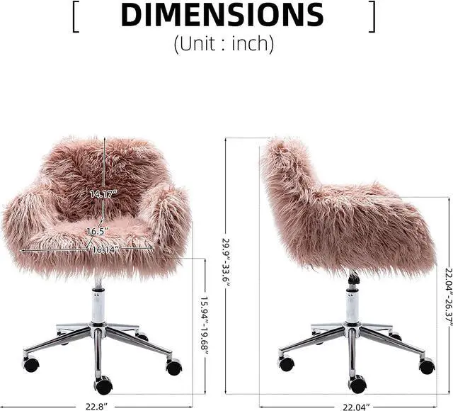Alt view image 3 of 7 - KCC Fluffy Office Desk Chair, Faux Fur Modern Swivel Armchair with Wheels, Soft Comfy Fuzzy Elegant Accent Makeup Vanity Chairs for Women Girls, Home Living Dressing Room Bedroom, Pink