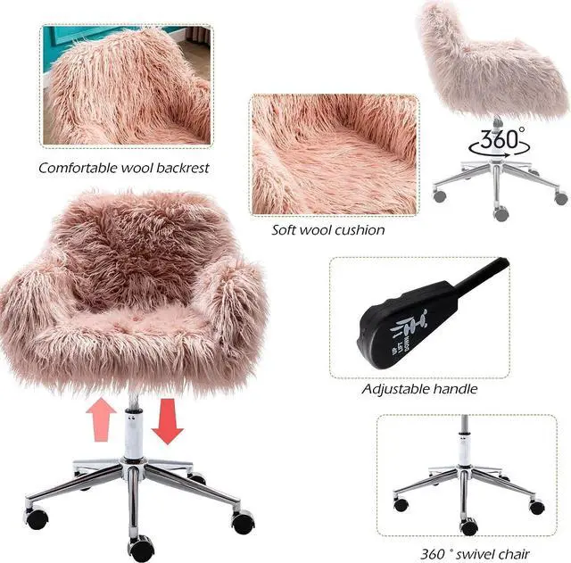 Alt view image 4 of 7 - KCC Fluffy Office Desk Chair, Faux Fur Modern Swivel Armchair with Wheels, Soft Comfy Fuzzy Elegant Accent Makeup Vanity Chairs for Women Girls, Home Living Dressing Room Bedroom, Pink