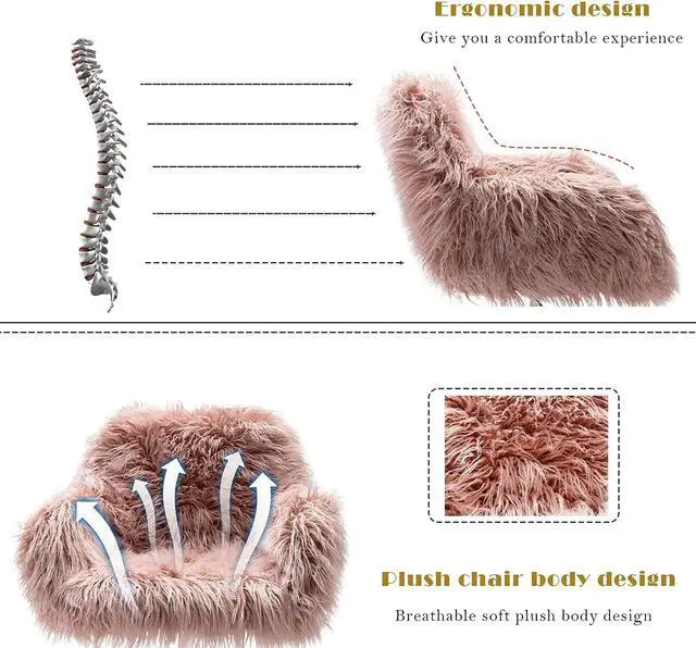 Alt view image 5 of 7 - KCC Fluffy Office Desk Chair, Faux Fur Modern Swivel Armchair with Wheels, Soft Comfy Fuzzy Elegant Accent Makeup Vanity Chairs for Women Girls, Home Living Dressing Room Bedroom, Pink