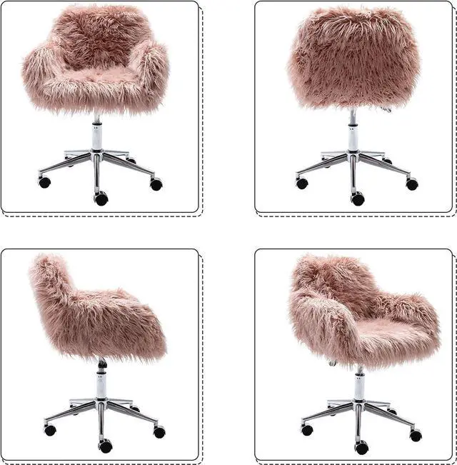 Alt view image 6 of 7 - KCC Fluffy Office Desk Chair, Faux Fur Modern Swivel Armchair with Wheels, Soft Comfy Fuzzy Elegant Accent Makeup Vanity Chairs for Women Girls, Home Living Dressing Room Bedroom, Pink